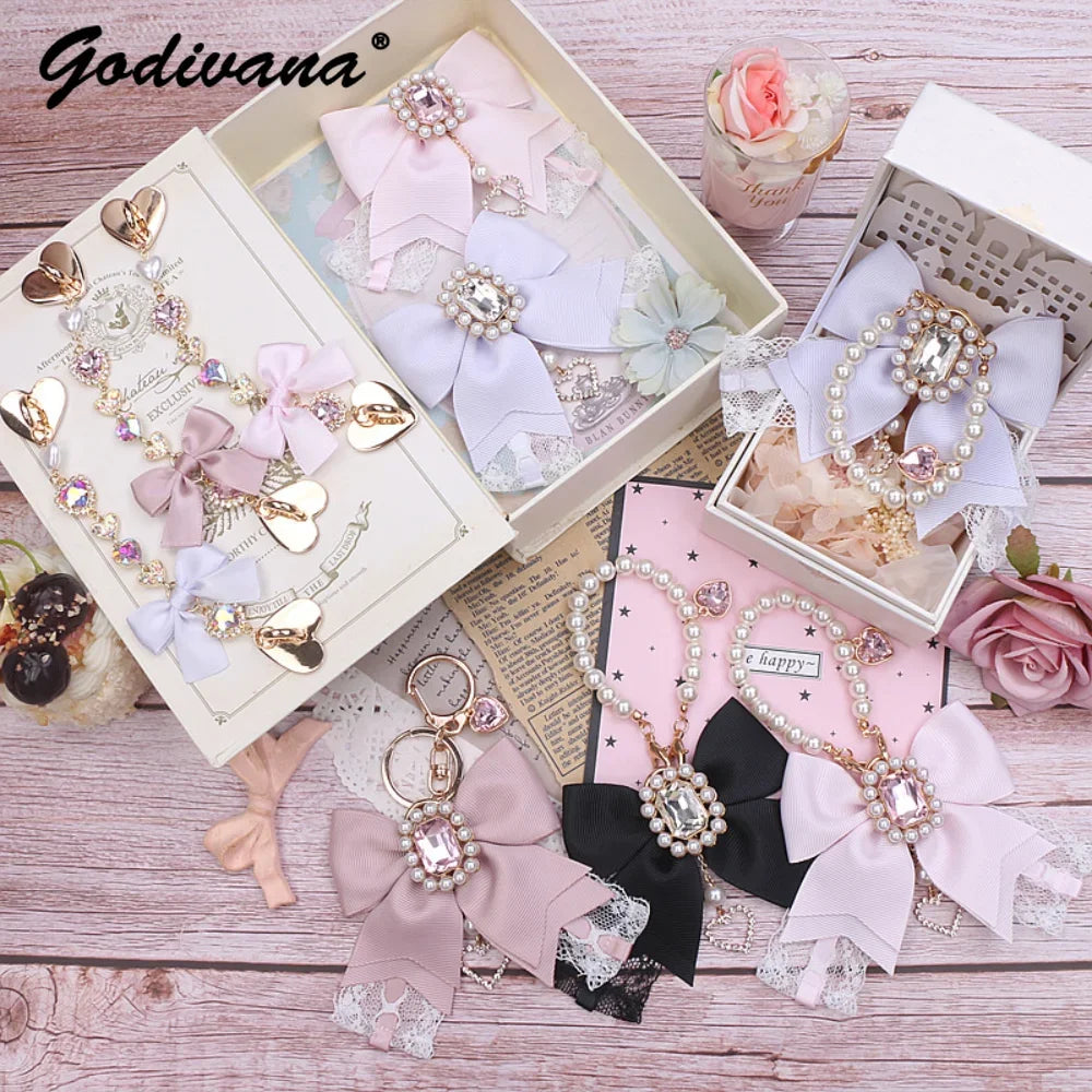 Japanese Sweet Cute Handmade Rhinestone Bow Hairpin Pearl Lace Hairclips Lolita Women Girls Side Clip Bag Pendant Handbag Charms