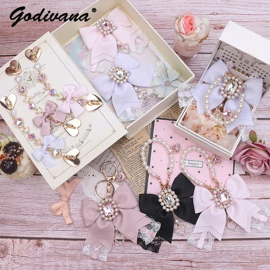 Japanese Sweet Cute Handmade Rhinestone Bow Hairpin Pearl Lace Hairclips Lolita Women Girls Side Clip Bag Pendant Handbag Charms