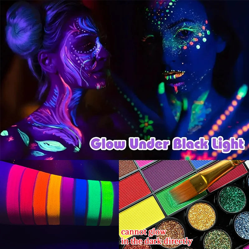 42-Colors Water-Based Face & Body Painting Kit,UV Neon Glitter Fluorescent Paint Makeup,Face Body Paint Art Festivals Halloween