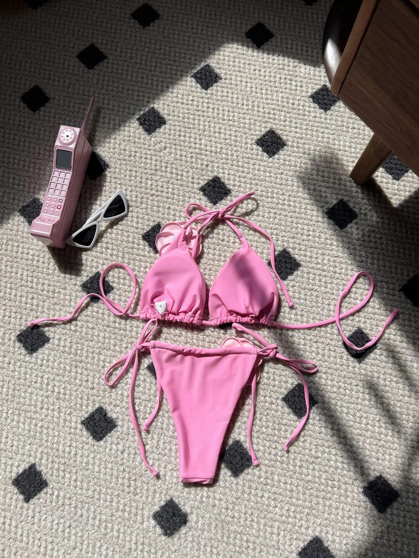 Sexy 3D Flower Black Triangle Bikinis Sets Micro Thong Swimsuit Women String Halter Bathing Suit Bikini 2025 Mujer Biquinis Swim