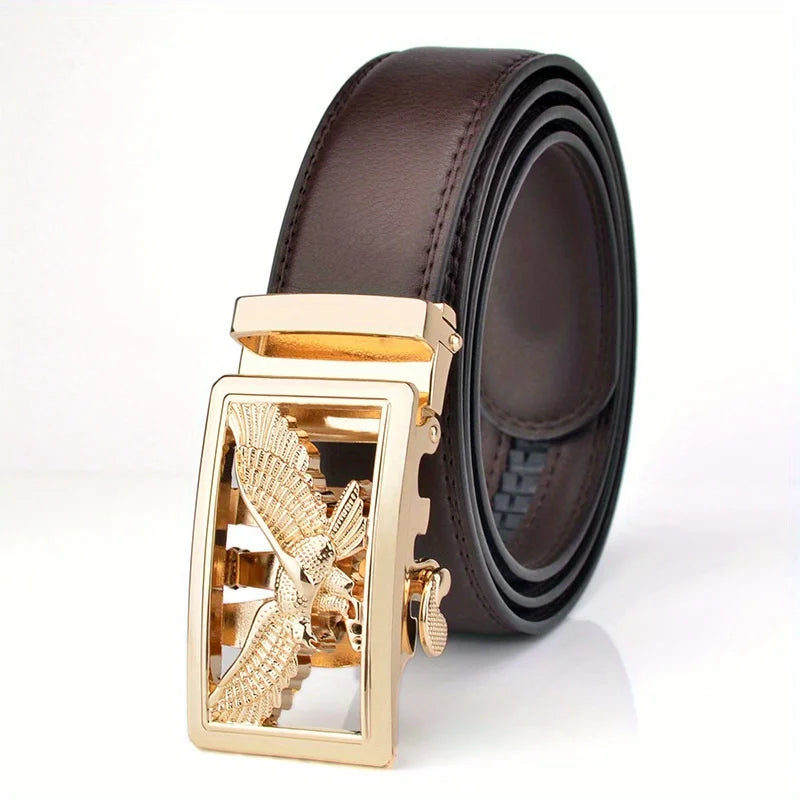 Men's Belt Leather Automatic Buckle Business Casual High-quality Golden Silver Eagle Pattern Leather Belt with Automatic Buckle