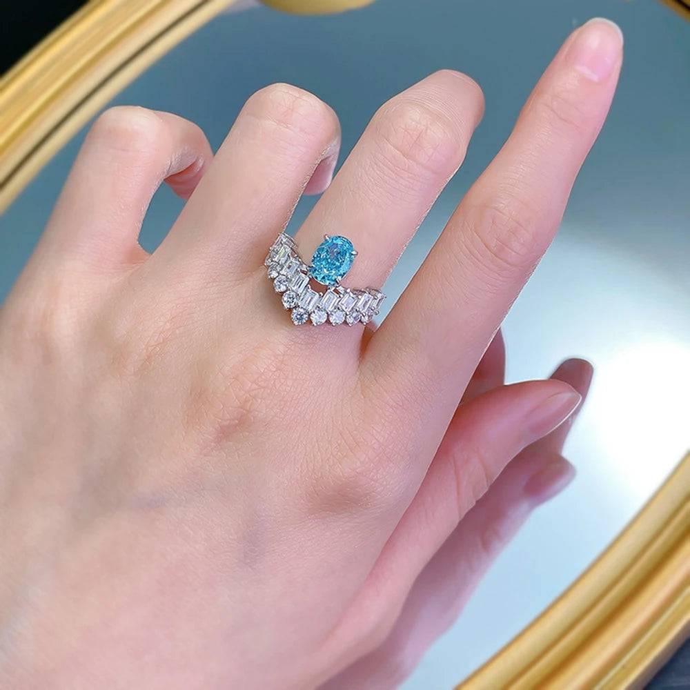 Wong Rain 100% 925 Sterling Silver 6*8 MM Oval Paraiba Tourmaline High Carbon Diamond Gemstone Ring For Women Engagement Jewelry