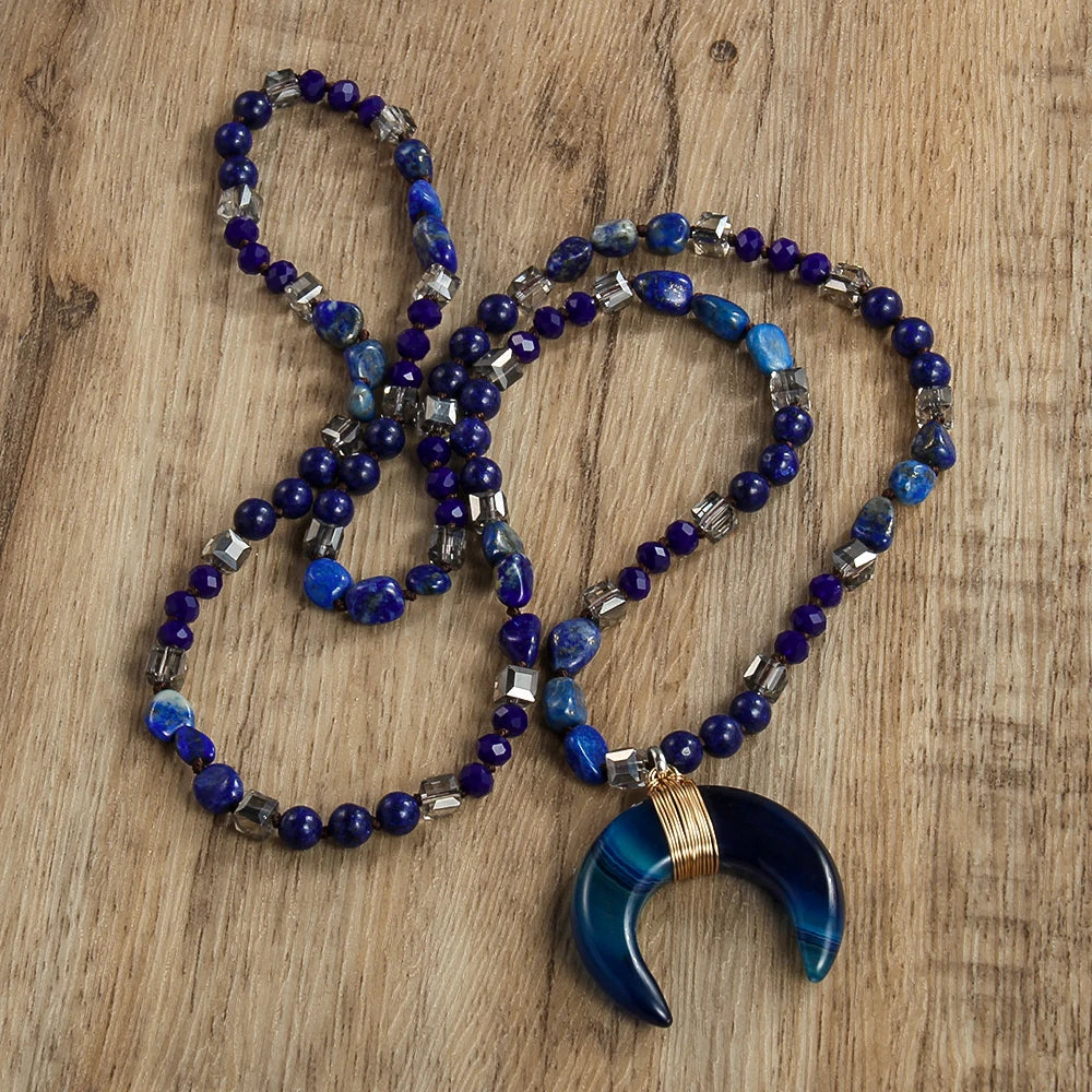 New Natural Crystal Aventurine Jade Agate Bull Horn Pendant 6mm Natural Stone Glass Knot Necklace Sweater Chain Women's Gift