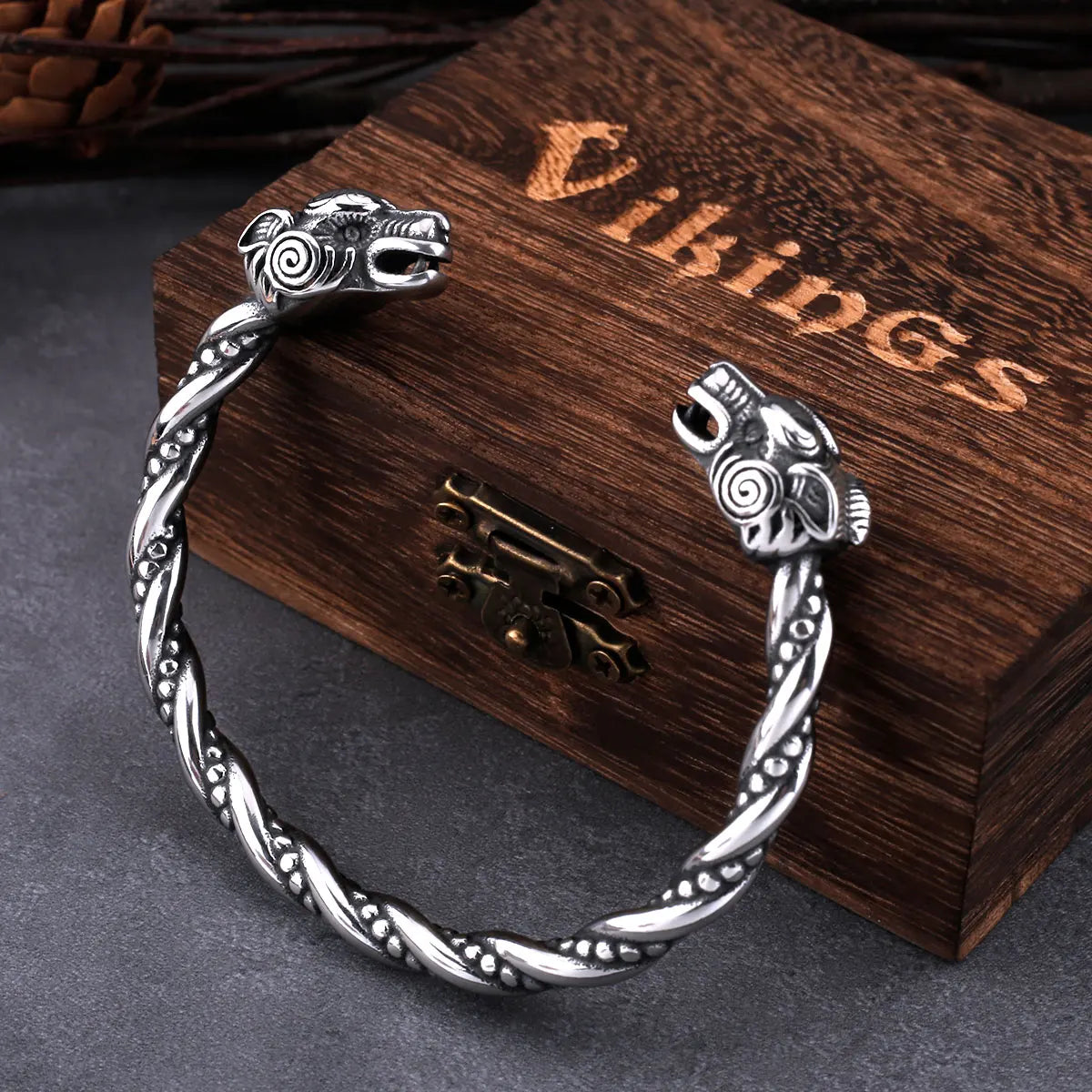 Stainless Steel Viking Goat Head Men's Cuff Bracelet Jewelry Strap Valknut Gift Bag Wooden Box One Piece Dropshipping