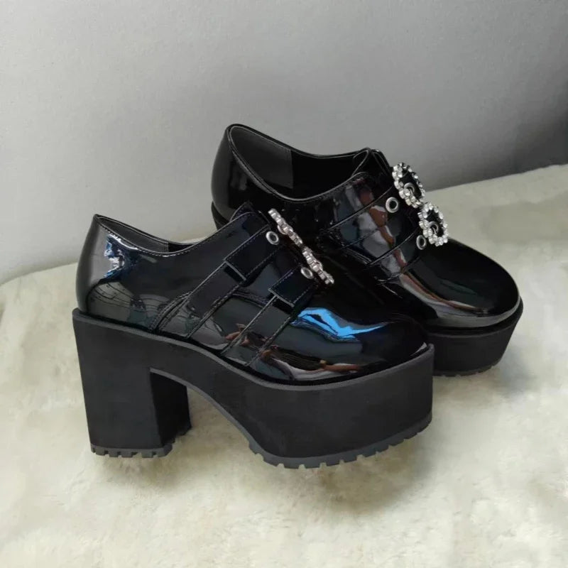 Japanese Mine Series Round Drill Buckle JK Patent Leather Shoes Student Mass-Produced Platform High Heels Uniform Women's Shoes