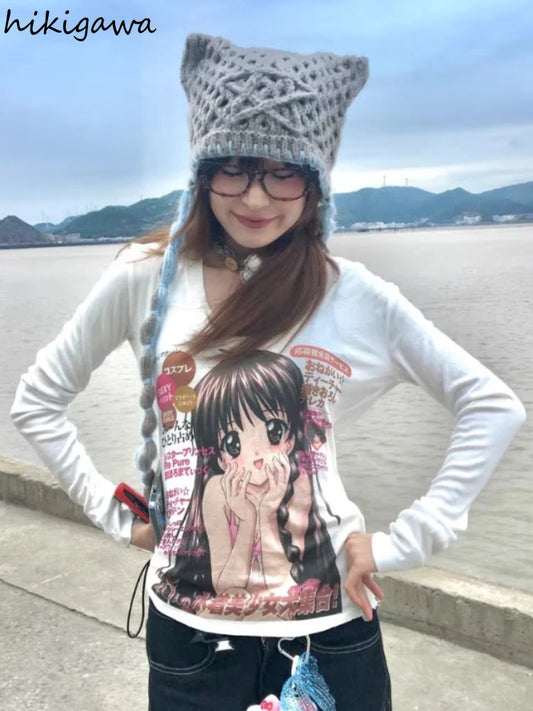 Cute T Shirt Women's Clothing Long Sleeve Slim Waist Anime Tees Y2k Tops 2025 Ropa Mujer Casual Fashion Japanese T-shirts 63c405