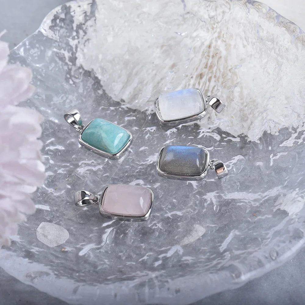 ITSMOS Natural Rainbow Moonstone Sterling Silver/Copper Pendant Necklace rectangle Energy Stone Jewelry for Women Girl Gift