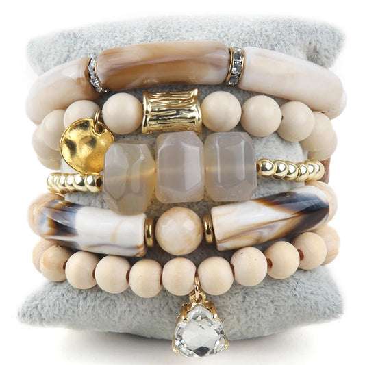 RH Fashion Bohemia Beaded Jewelry Big Acryl Pipe Wood Bracelets 5pc Stack Punk Stone Bracelets Set For Women Festival Gift