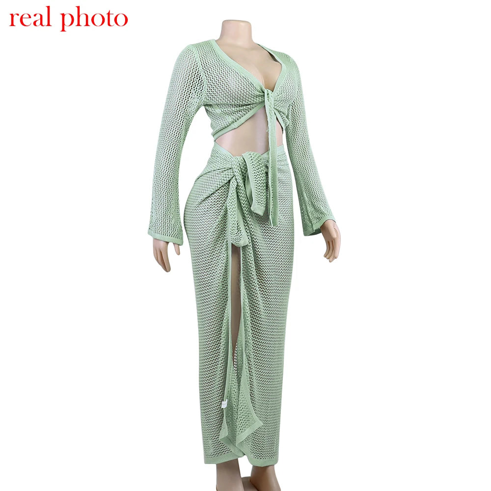 Cryptographic Hollow Out Knitted Top and Skirt Sets Outfits Women Elegant Summer Wrap Over Split 2 Piece Set Holiday Beachwear