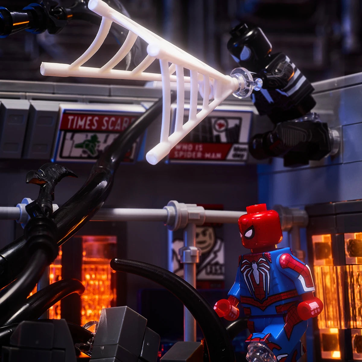 MOC scene: Marvel Venom vs. Spider-Man in the subway. Spider-Man's assembled toy bricks. Christmas gift for a boy and a girl.