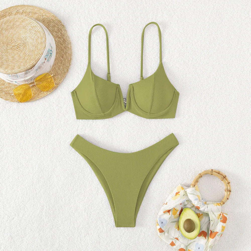Sexy Underwired BikiniS 2024 Mujer Women Solid V-bra Push Up Two pieces Bikini Set High Cut Bathing Suit Padded Thong Swimsuit