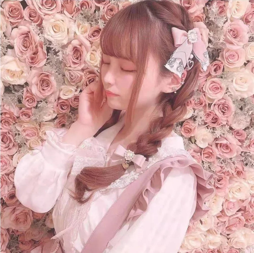Japanese Sweet Cute Handmade Rhinestone Bow Hairpin Pearl Lace Hairclips Lolita Women Girls Side Clip Bag Pendant Handbag Charms