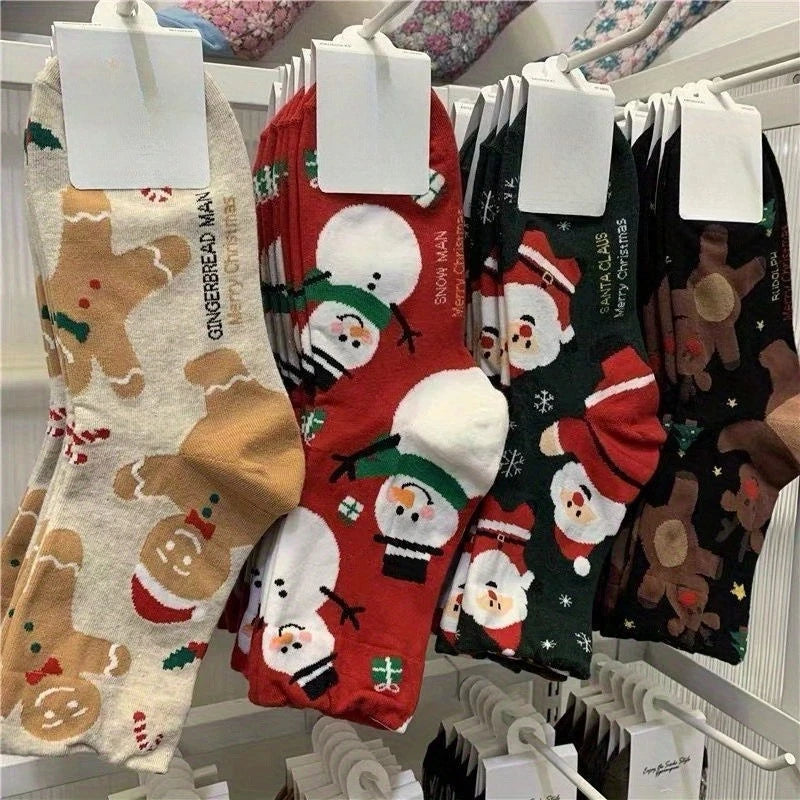 (1/4 Pair) Red Snowman Christmas Socks Gingerbread Man Christmas Mid Socks Christmas Gift Socks Autumn and Winter Warmth