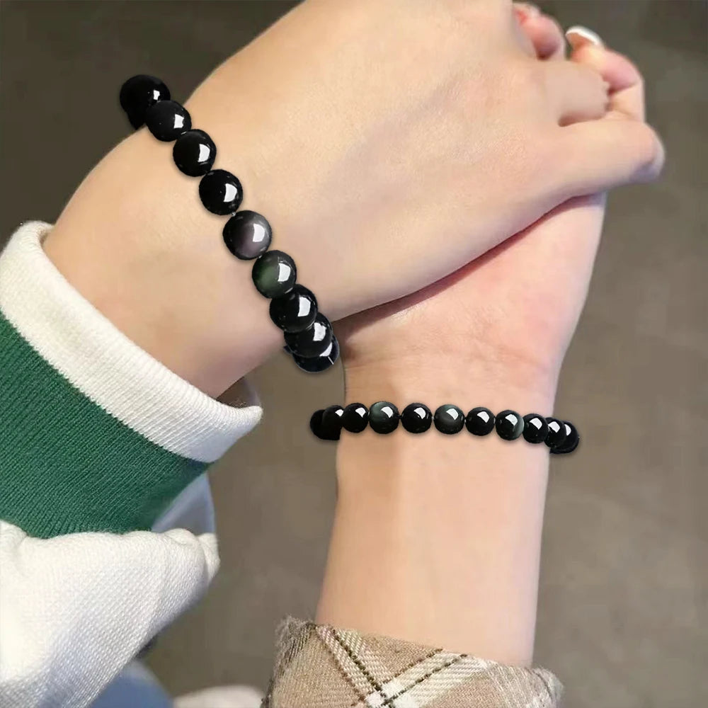 Couple Beaded Bracelet Natural Double Rainbow Obsidian Bead Bangle for Women Reiki Healing Loves Jewelry Valentine's Day Gift