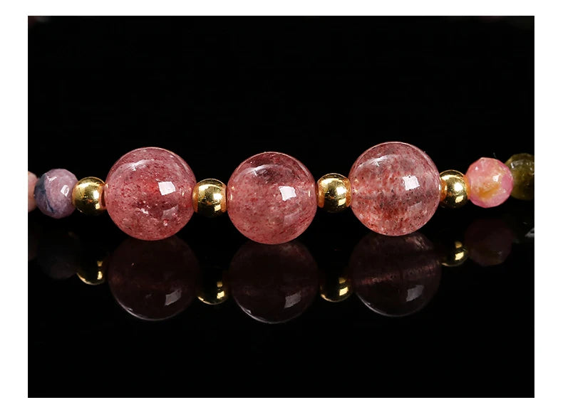 JD Natural Stone Faceted Rainbow Tourmaline Strawberry Quartz Bracelet Women Luxury Thin Adjustable Reiki Healing String Jewelry
