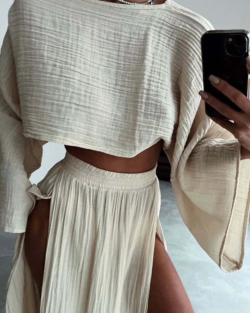 2 Pcs/Set Women Crop Top Skirt Sets Long Sleeve Top High Waist Split Skirts Suit Beach Bikini Coverup Lady Elegant Party Outfit