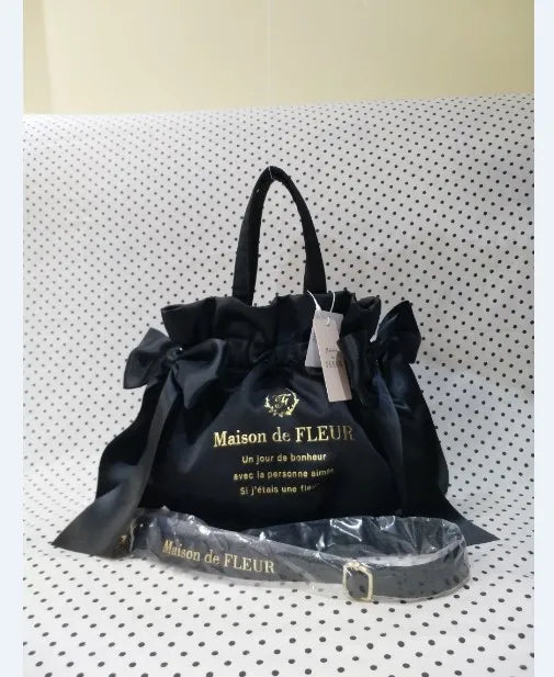 Japanese Style New Double-Sided Drawstring Bags Sweet Cute Girl Ladies Satin Bow Crossbody Shoulder Portable Handbag