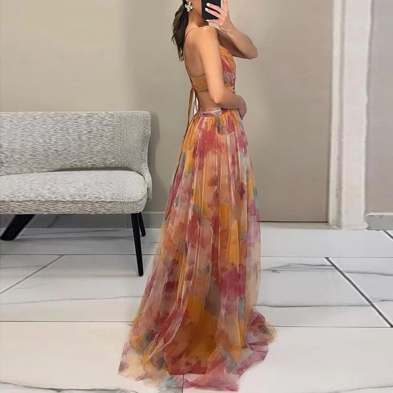 Elegant Print Pleated Mesh Evening Dress Sexy Off Shoulder Ins Vacation Long Dress Summer V Neck High Waist Backless Sling Dress