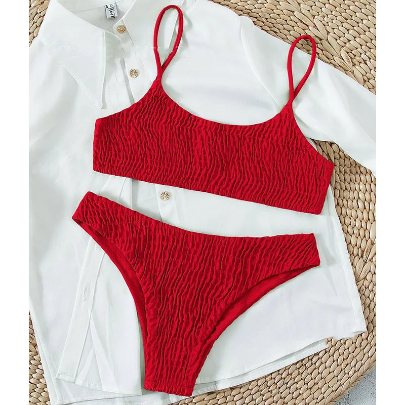 Sexy Triangle Bathing Suit for Women Vintage Pleated Suspender Push Up Bikini Summer 2025 New Simple Solid Swimwear Bikinis Sets