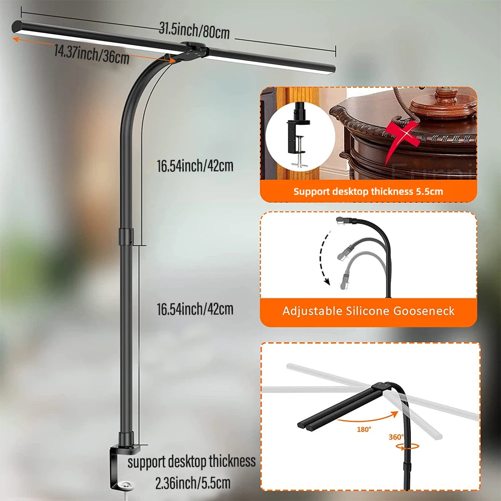Double Head LED Clip Remote Control Desk Lamp Architect Table Lamp for Home Office Lighting 5 Color Modes and 5 Dimmable