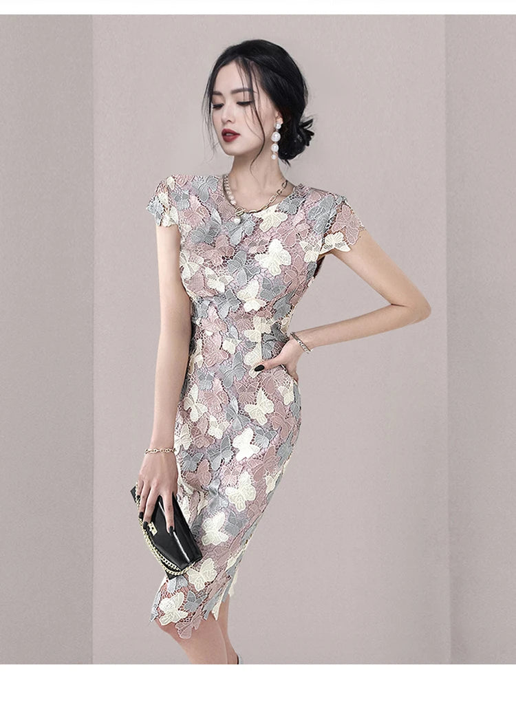 H Han Queen Summer Elegant Chic Lace Dresses Women Korean Retro Vestidos Fashion Color Blocking Office Party Casual Dress