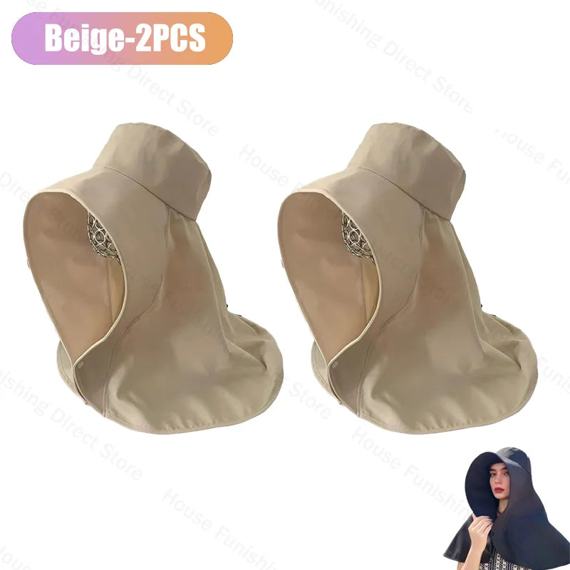Summer Women Cap Outdoor Uv Anti Neck Protection Sun Visors Hat Fishing Hiking Big Brim Shawl Sunscreen Ponytail Cap Solid Color