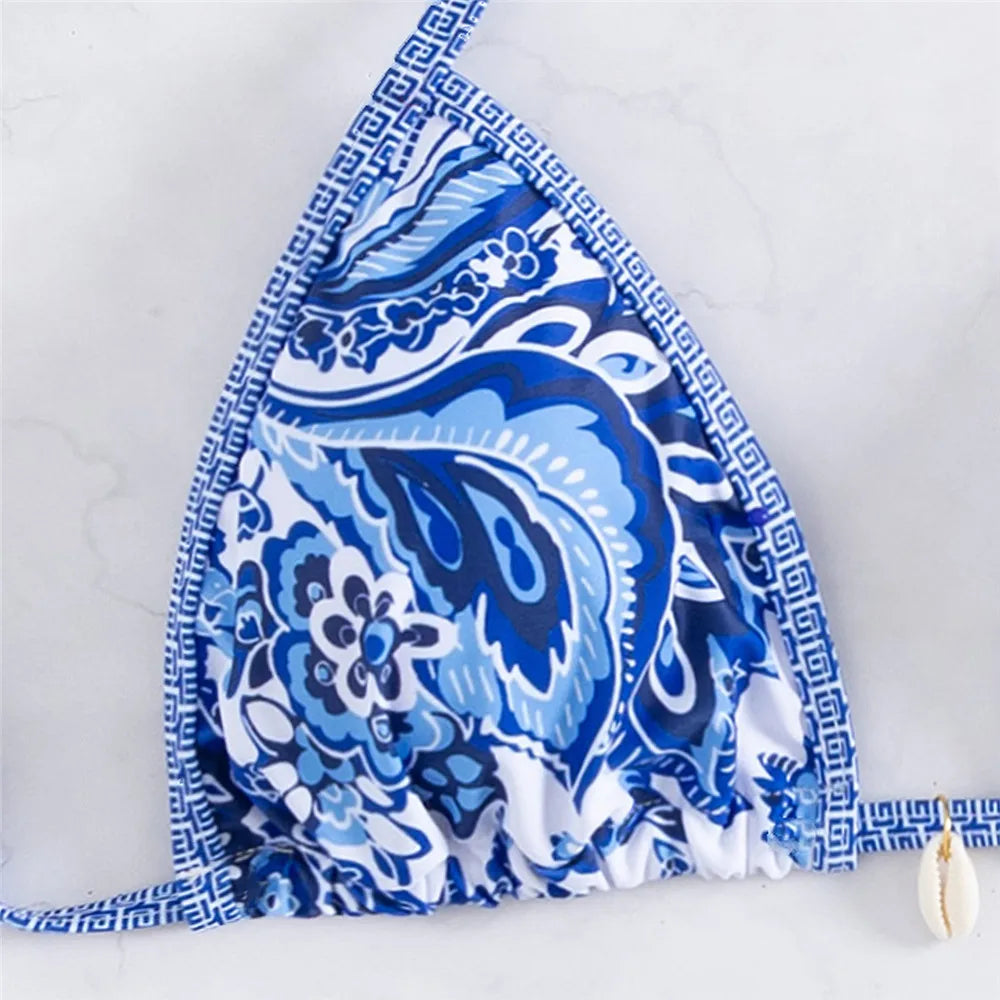 Vintage Blue Floral Print Swimwear Halter String Triangle 3 Piece Bikini Set Cover Ups Sexy Swimsuit Women 2025 Bikinis De Muejr