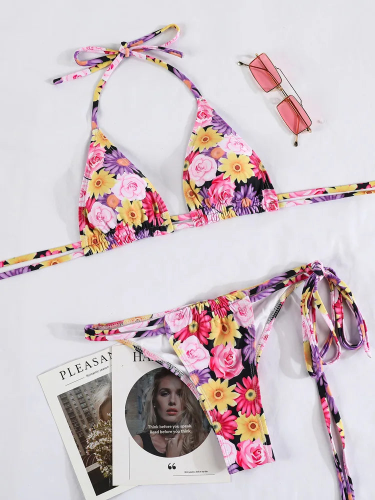 Triangle Bikini Sets Print Swimsuit Women 2023 Bikinis Bandage Swimwear Micro Thong Two Piece Suit Biquini Brazilian Swimsuits