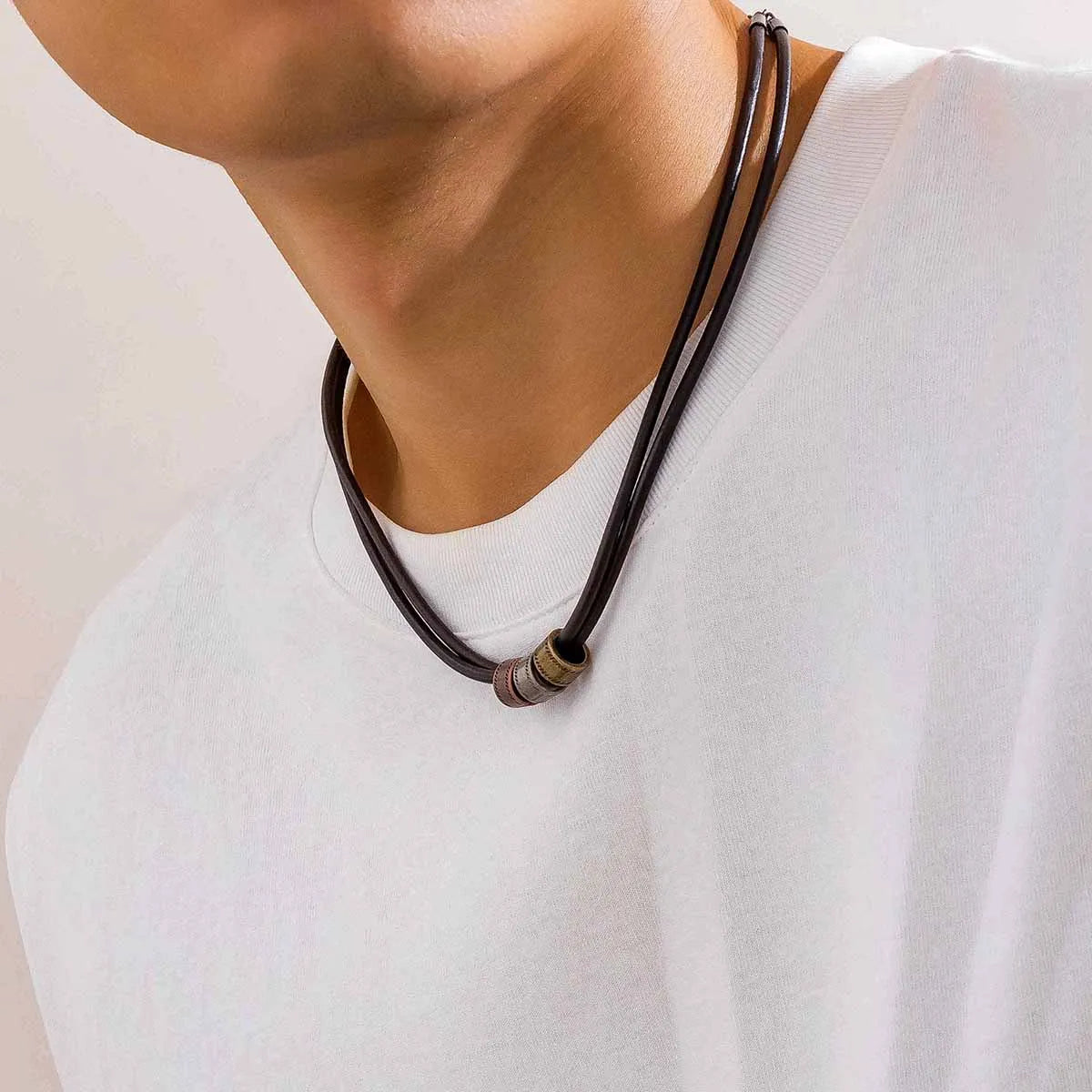 Vintage Pu Leather with Metal Beads Choker Necklace for Men Trendy Collar on the Neck Accessories 2023 Fashion Jewelry Male Gift