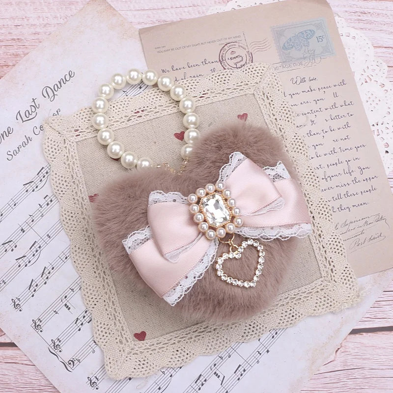Romantic Bag Ornament Plush Heart Pearls  Keychain Bag Decor Keyring Sweet Ita Bag Pendant Handmade Bow Accessories Keychain