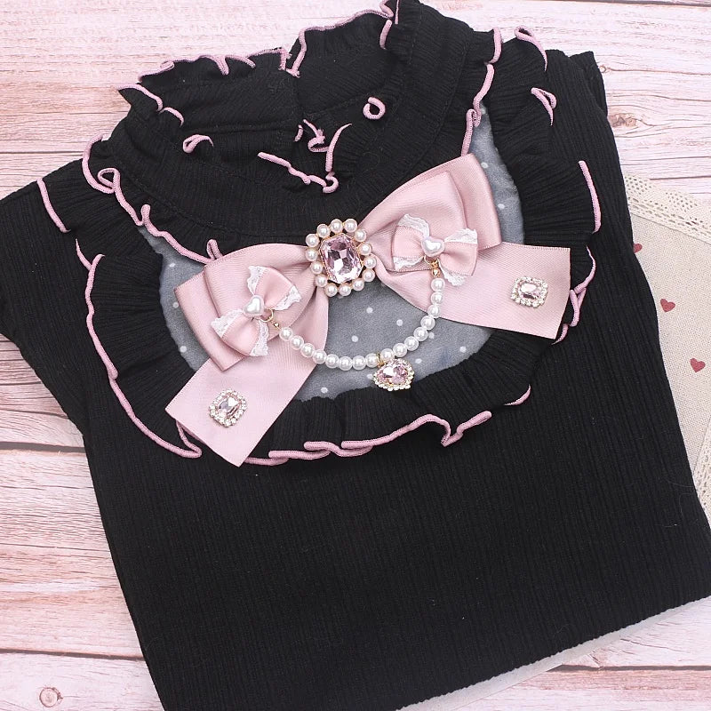 Beaded Ribbon Neck Tie Lolita Girl Bow Tie Women's Big Bow Larme Kei Heart Pearl for Collared Shirt Jfashion Brooch Accessories