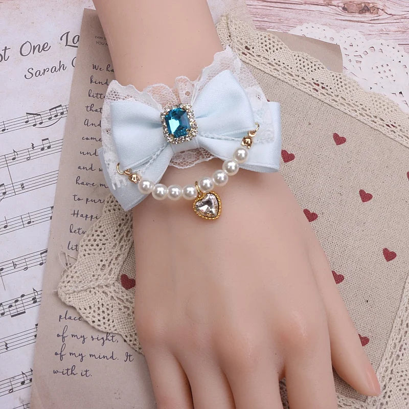Ornate Mine Series  Handmade Ribbon Bow Bracelet Women Pearl Lace Chain Bow with Heart Pendant Lolita Accessories Bracelet