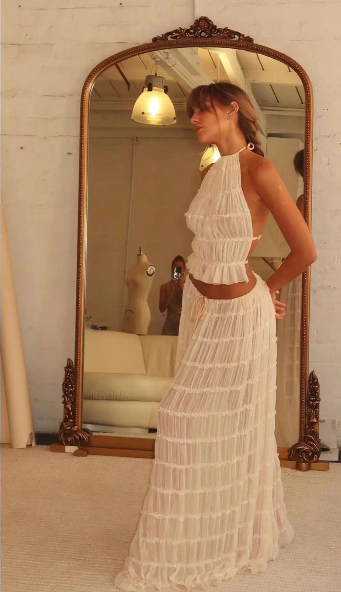 Solid Hang Neck Long Skirt Suit For Women Halter Backless Sling Top Lace Up Fold Maxi Skirt 2024 Hot Fashion Female 2 Piece Set