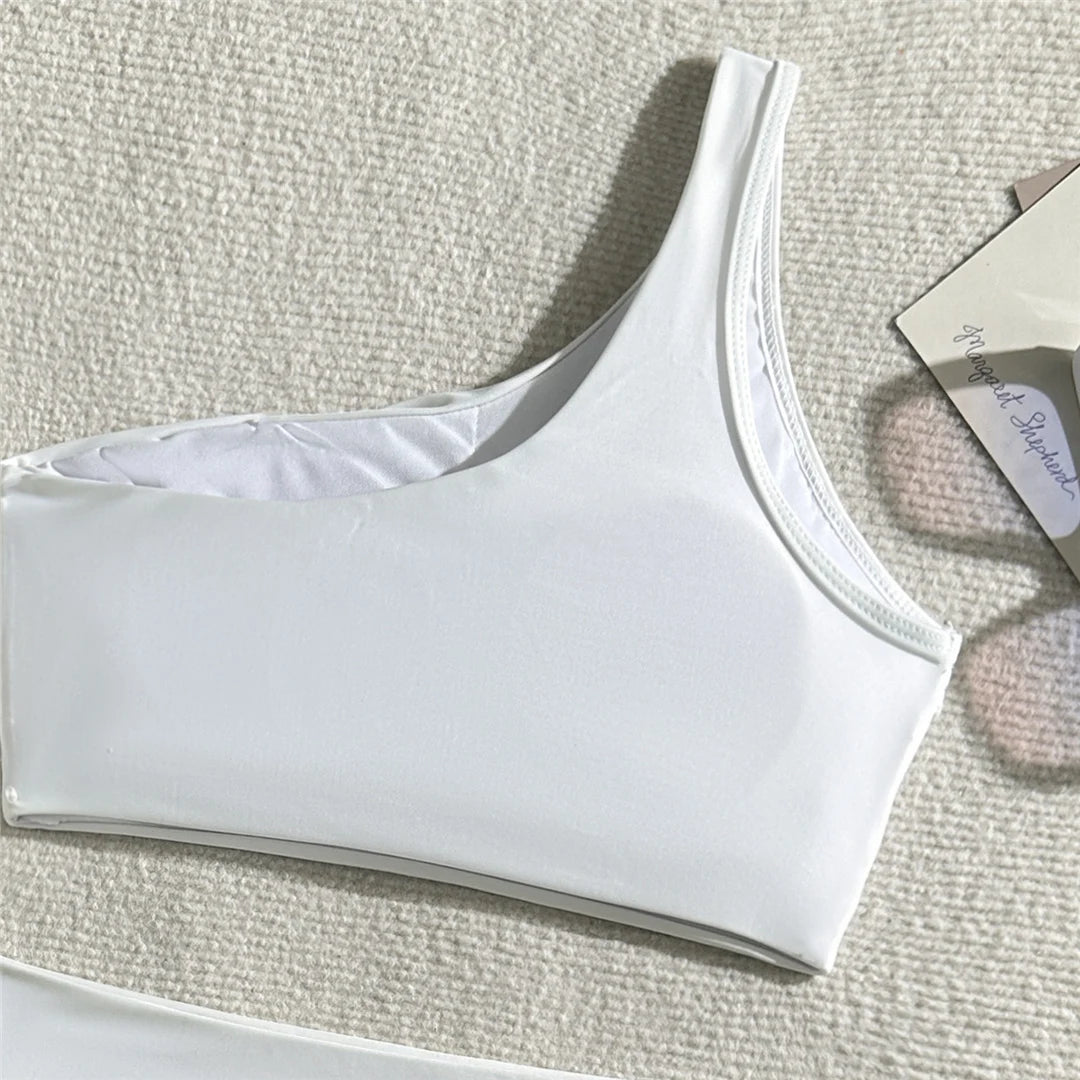 New Wrinkled One Shoulder High Waist Bikini Female Swimsuit Women Swimwear Two-pieces Bikini set Bather Bathing Suit Swim V5857