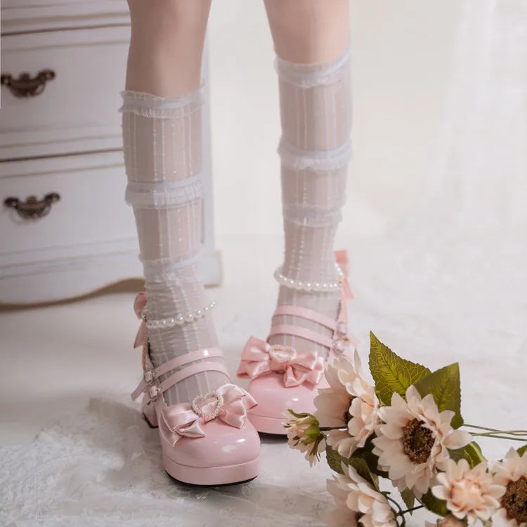 Lolita Shoes New Japanese Cute Round Head Pearl Bow Clips Leather Shoes Pumps Women Mary Jane Shoes High Heels Girls