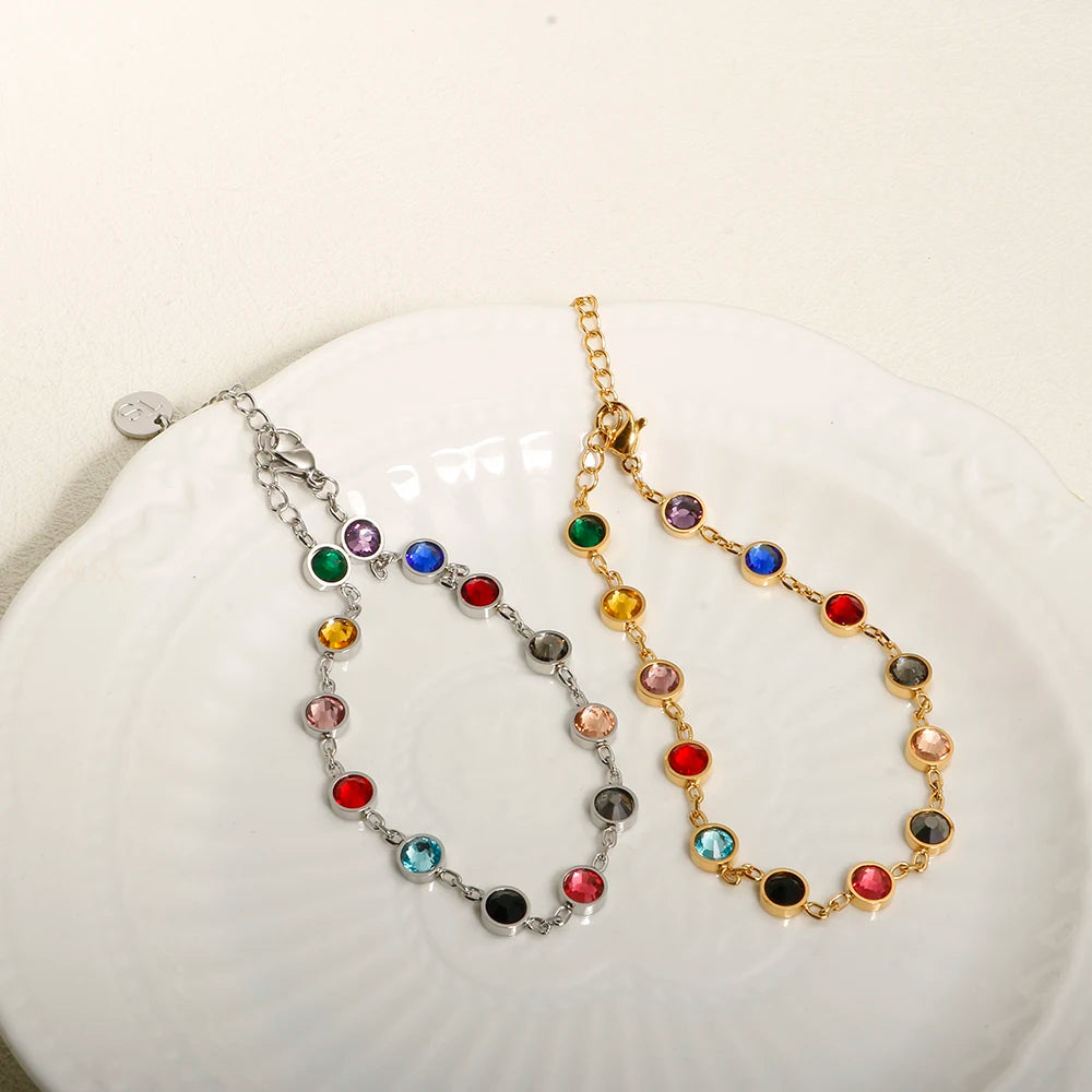 JINHUI Colorful Bejeweled Bangle Popularity TS Stainless Steel Bracelets for Women 12 Birthstones Rainbow Crystal Chain Jewelry