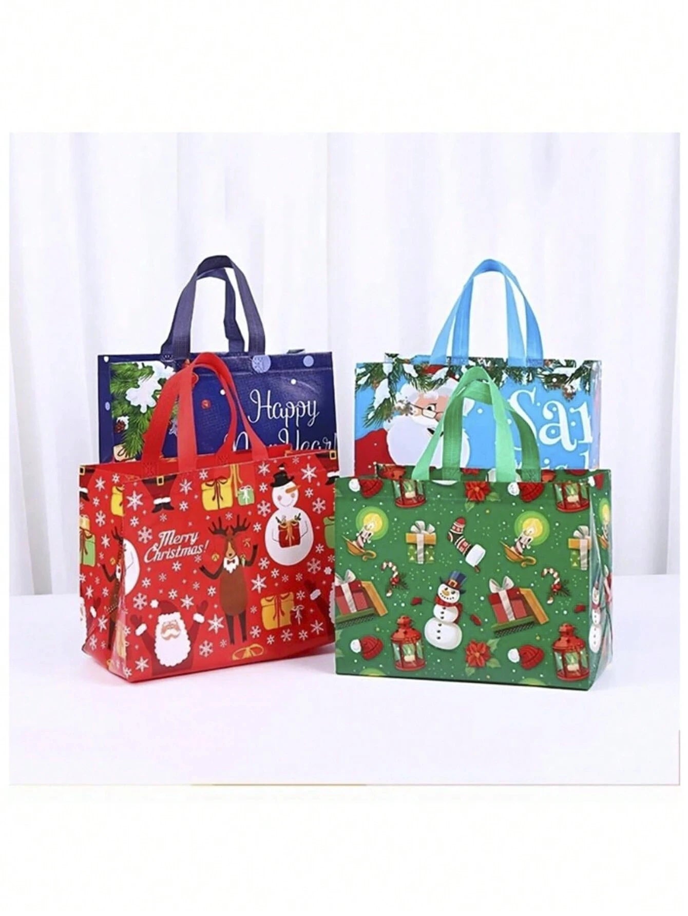 4/6PCS Large Capacity Christmas Tote Bag Portable Folding Reusable Christmas Gift Packaging Bag Foil Stamping Xmas Non-Woven Bag