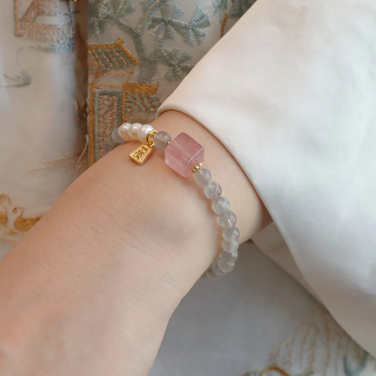 6MM Gray Moonstone Bracelet with Citrine&Strawberry Quartz, Freshwater Pearl Beaded Elastic Jewelry, Boho Healing Gift for Women