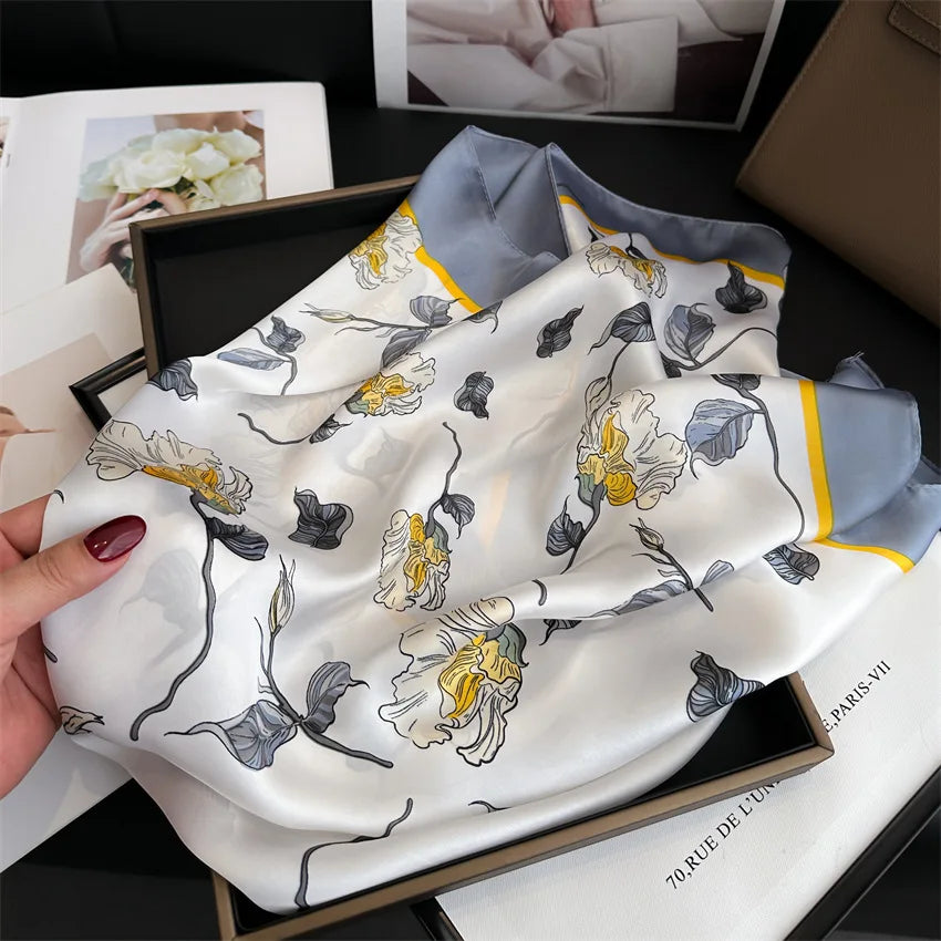 Imitated Silk Headcloth Fashion Flower Print Square Shawls Popular 70X70cm Bandanna Kerchief Sun Protection Silk Scarves Tie Bag