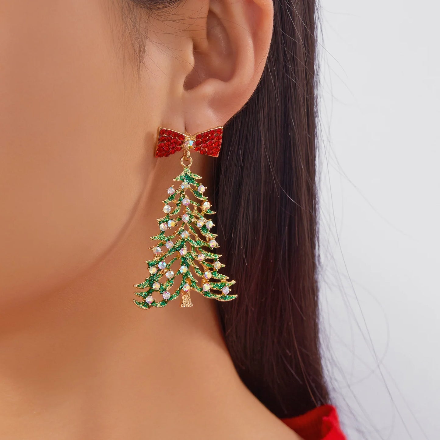 Fashion Gold Color Christmas Tree Earrings with Zircon Crystal Star Stud Dangle Xmas Jewelry for Women Party Gift