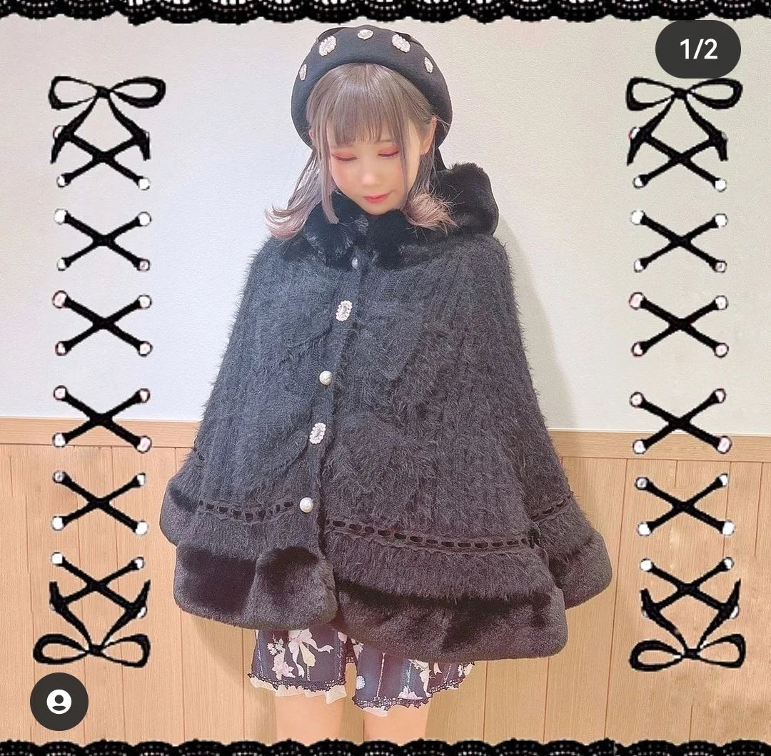 Japanese Sweet Soft Thick Women's Double-Layer Big Ribbon Hooded Knitted Cloak 3 Colors Autumn and Winter Ponchos Warm Jacket