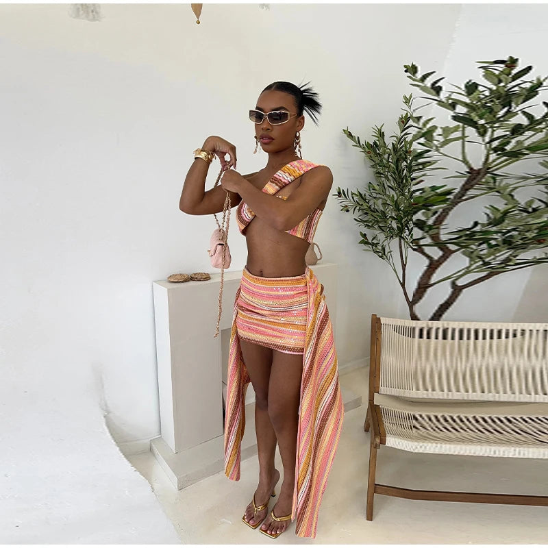 Knit Sequin Sexy One Shoulder Skirt Women Set colorful Crop Top Draped Mini Skirts Slim Bodycon 2 Pieces Sets Lady beachwear