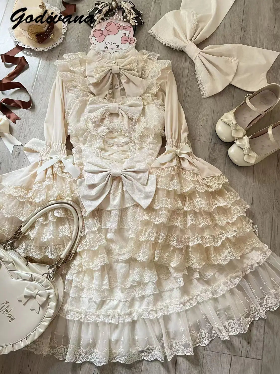 Original Lolita Dress Cape Set New Spring Autumn Sweet Girl Lace Princess Jsk Cake Dress Fairy Suspender Dress Shirt Outfit