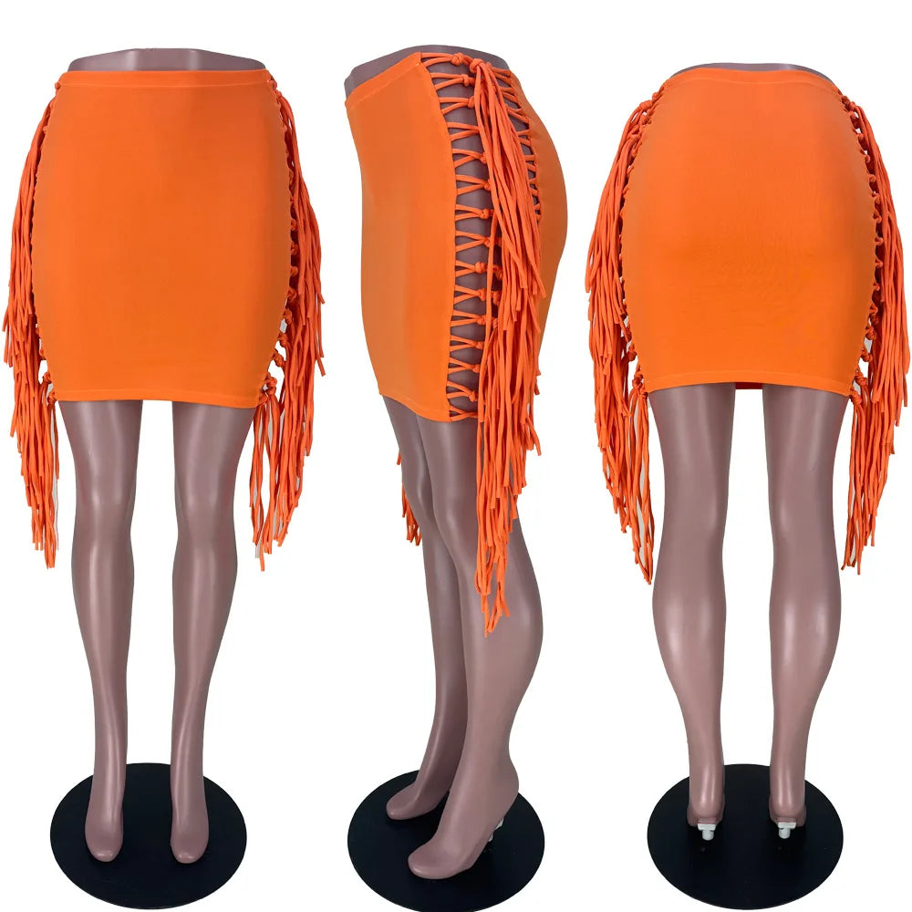 Sexy Wrap Women Mini Skirts Solid Bodycon Streetwear Skirts 2022 Summer Chic Hollow Out Tassel Y2K Style Bottom Outfits