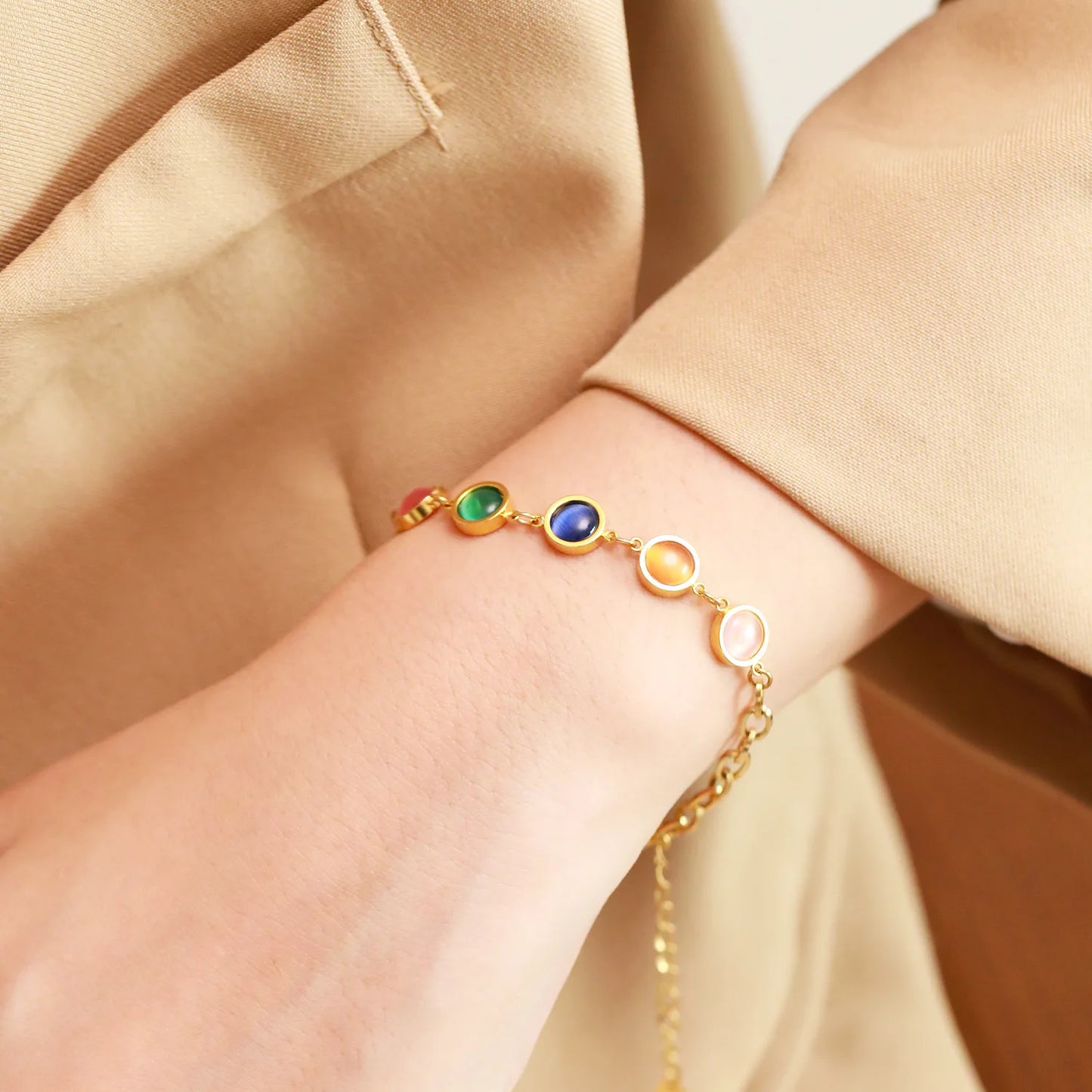 JINHUI Colorful Bejeweled Bangle Popularity TS Stainless Steel Bracelets for Women 12 Birthstones Rainbow Crystal Chain Jewelry
