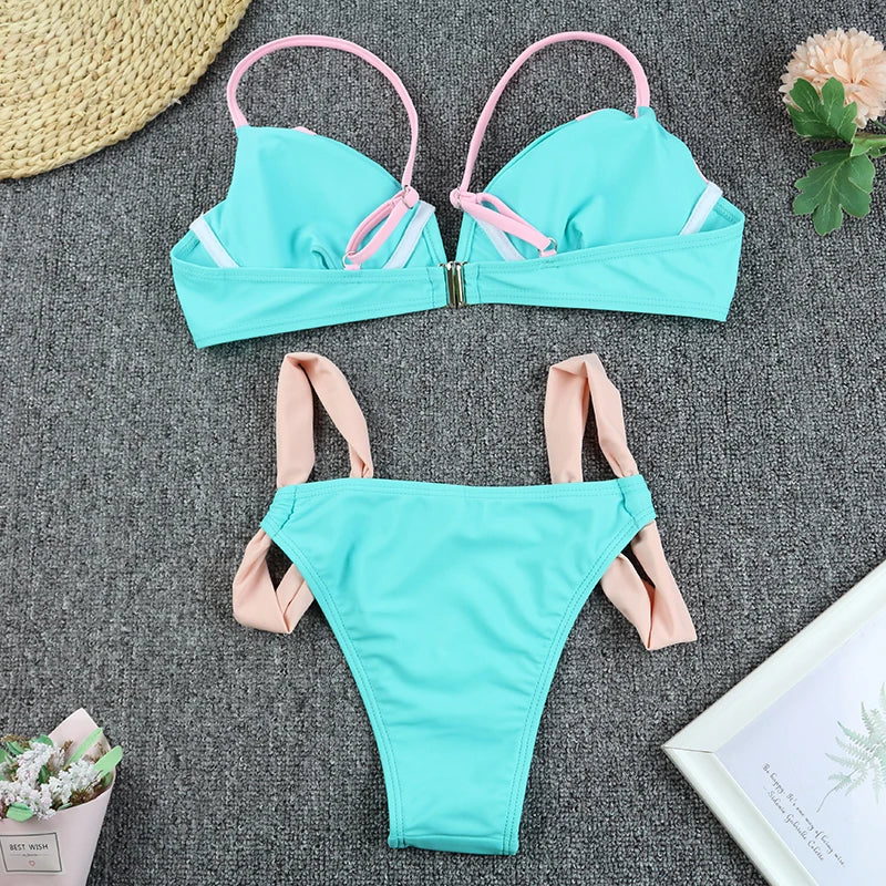 Bikini 2024 Sexy Push Up Small V-neck Patchwork Swimwear Swimsuit Women Bikinis Set Bathing Suit Beach Bikini Female Banadores