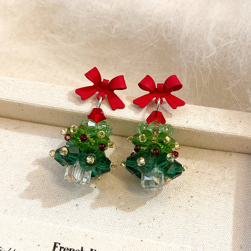 Red Bow Christmas Tree Drop Earrings for Women Silver Plated Needle Girl Party Jewelry New Year Gift