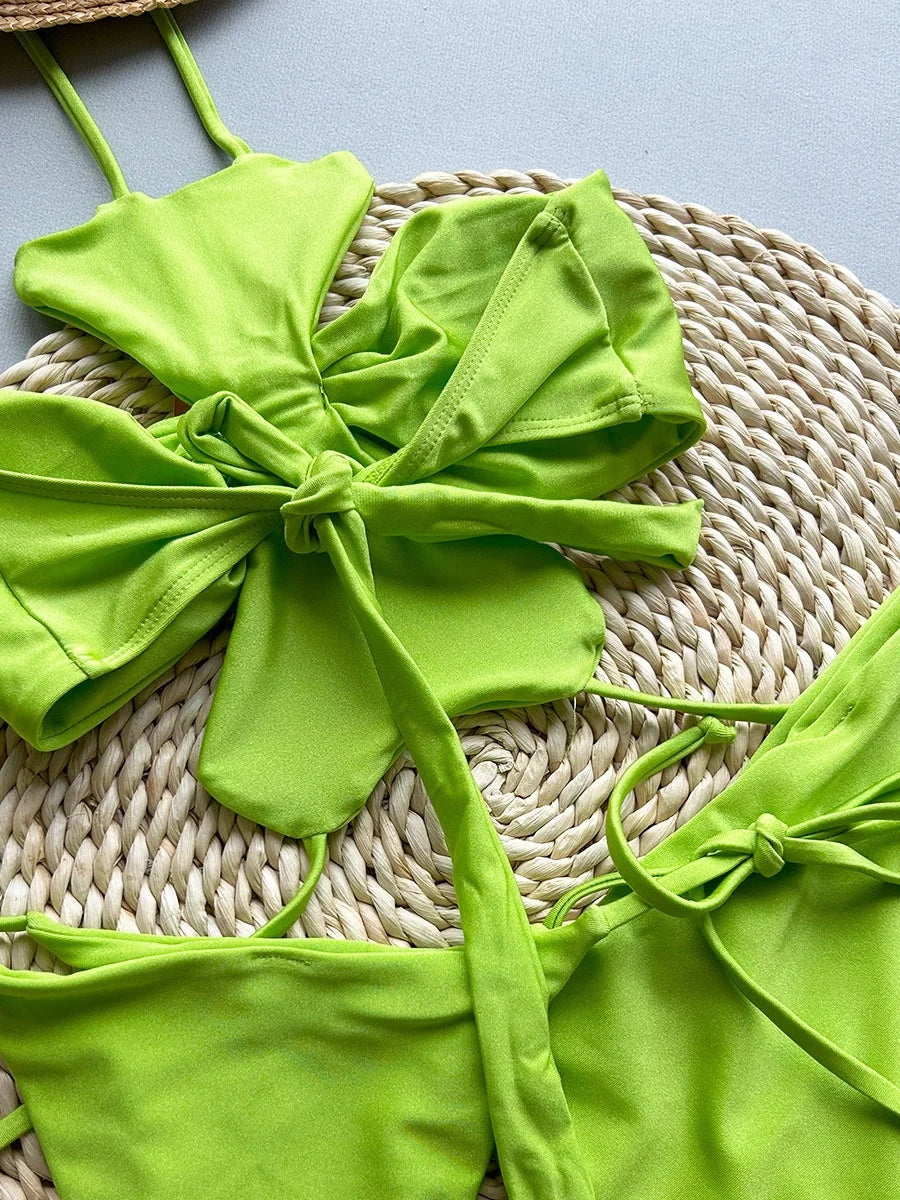 Sexy Green 3D Floral Bikinis Sets Women Halter Push Up Pleate Skirt 3 Piece Swimsuit 2025 Beach Bathing Suit Thong Swimwear