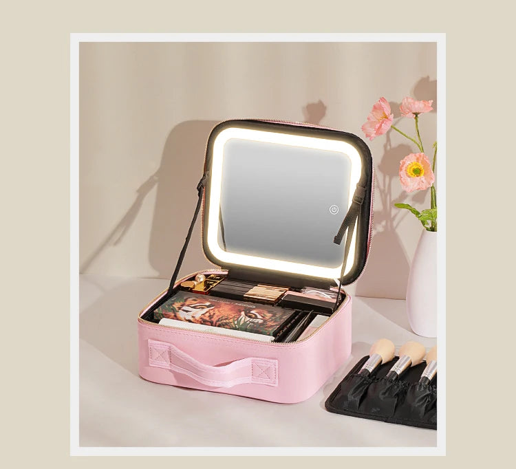 Travel Makeup Bag with LED Lighted Mirror 3 Color Scenarios Adjustable Brightness, with DIY Dividers, Toiletry Makeup Case Gift