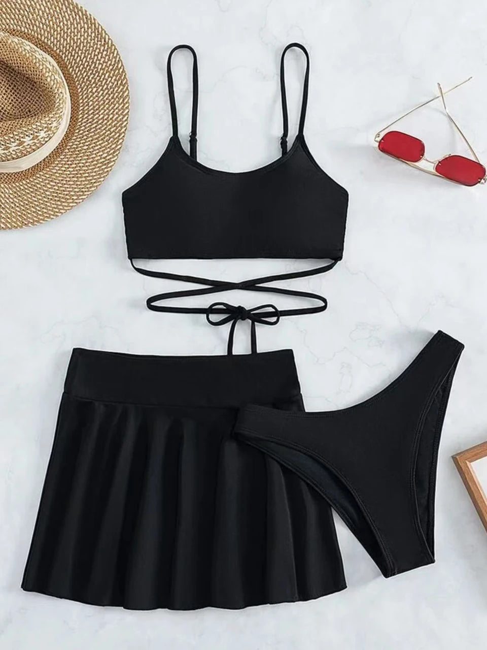 3 Pieces Crisscross Tie Back Bikini & Short Skirt Swimsuit 2024 Women Solid Swimwear Beach Wear Female Bathing Suit Swim Summer
